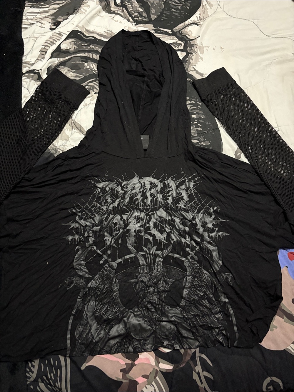 Black Graphic Hooded Women's Top